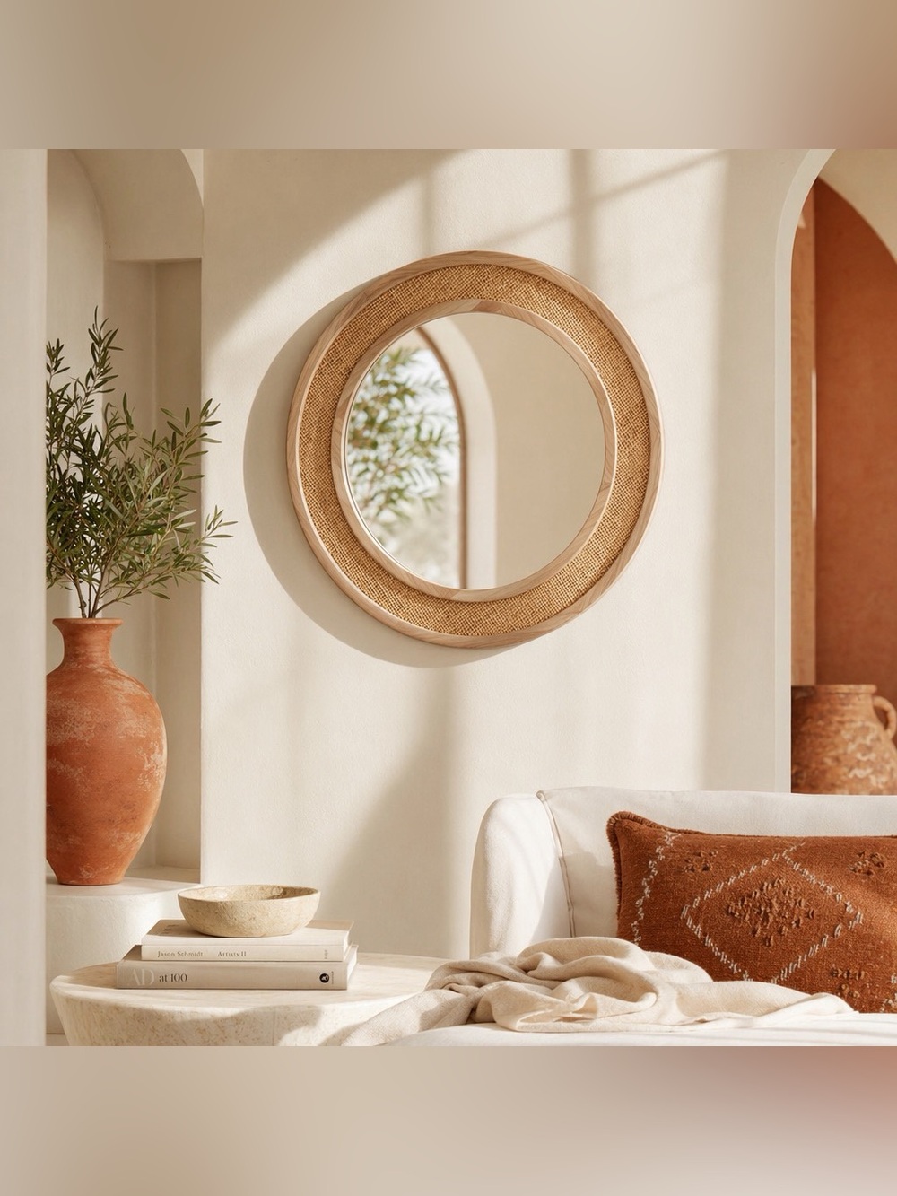 NEW West Elm Large Round Mirror Wicker Rattan Boho Wall Hanging Decor - 24” Diam - Picture 3 of 14
